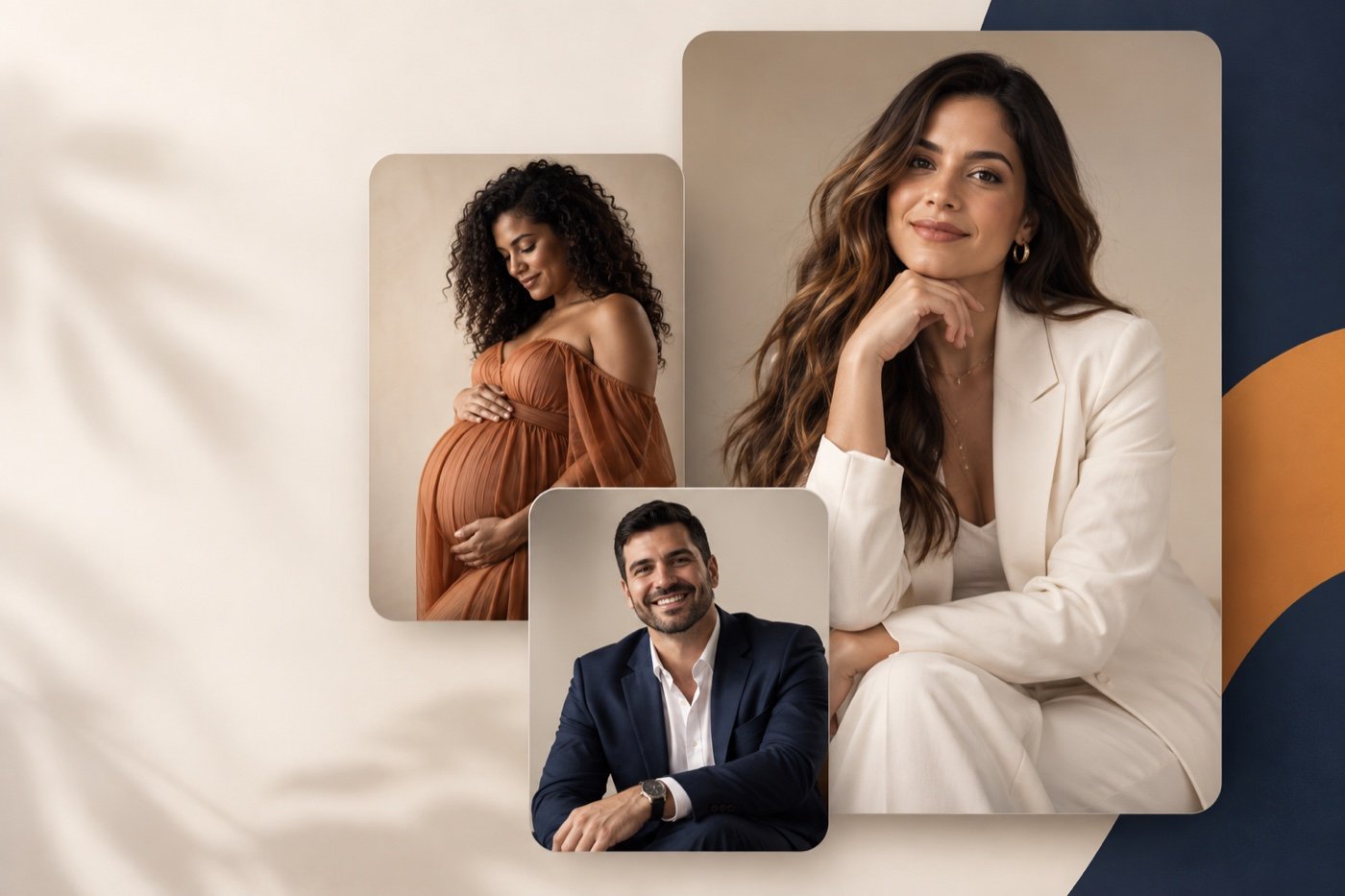 Composição de ensaios feminino, gestante e profissional criados com inteligência artificial